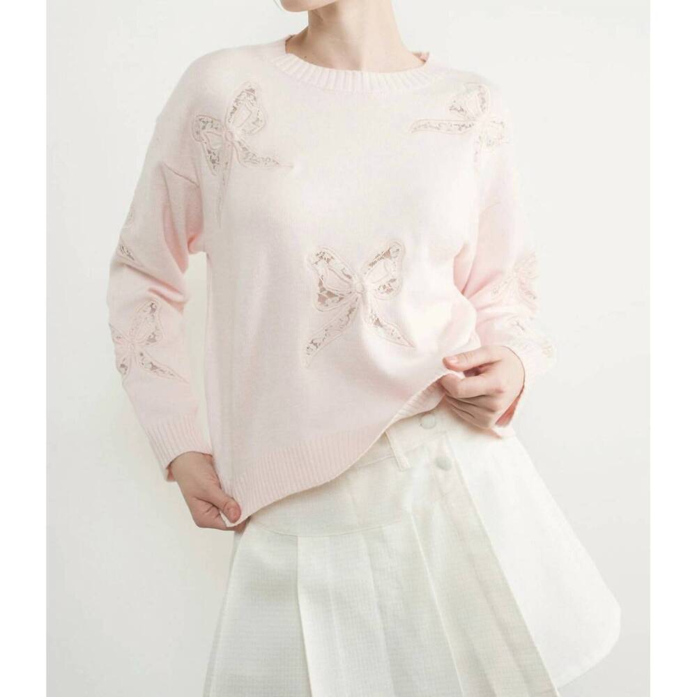 NEW AARON & AMBER lace embroidered round neck bow sweater in pink